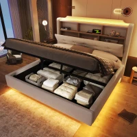 Cama estofada 140 × 200 cm, iluminação LED, design flutuante, sem colchão, 217x141x110 cm, Bege(m-5)