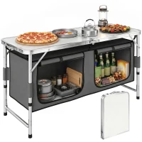 Outsunny Tavolino da Campeggio Picnic con Base per Cibi e Bevande Altezza Regolabile Pieghevole Alluminio, Legno 120x47x55/62/68cm(m-1)