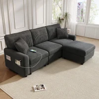 Divano moderno con pouf poggiapiedi, ricarica laterale doppia e 2 cuscini quadrati, 223x146x84 cm, Nero(m-4)