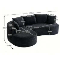 Bogesofa imbottito con portabicchieri su entrambi i lati, cuscini e tasca laterale, 250x152x82 cm, Nero(m-3)