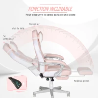 HOMCOM Chaise gaming, fauteuil gaming ergonomique avec repose-pieds, hauteur réglable, dossier inclinable, 63x63x123cm, rose(m-5)