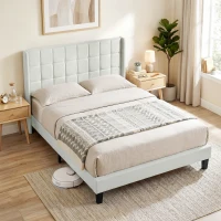 HOMCOM Cama 135x190 cm con Almacenaje Inferior Tapizada y Cabecero Acolchado con Orejas Beige(m-2)