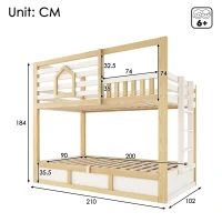 Letto a castello per bambini in stile casetta con 2 materassi 90x200 cm, 210x102x184 cm, color legno(m-3)