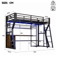 Cama alta para colchão 90×200 cm, com arrumação e espaço aberto por baixo da cama, sem colchão, 204x131,5x180 cm, Preto(m-3)