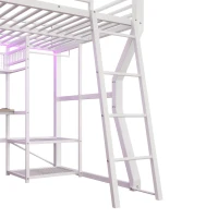 Cama alta 140x200 cm com secretária integrada, fita LED regulável e tomada integrada, 204x181,5x180 cm, Branco(m-9)
