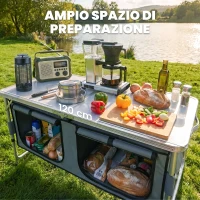 Outsunny Tavolino da Campeggio Picnic con Base per Cibi e Bevande Altezza Regolabile Pieghevole Alluminio, Legno 120x47x55/62/68cm(m-5)