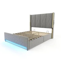Cama em veludo com cabeceira acolchoada e matelassada, bolsos laterais, adequada para colchão 90X200 cm, 100x213x141 cm, Cinzento escuro(m-1)