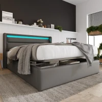Cama con canapé hidráulico, gran espacio de almacenamiento bajo-cama con pistón elevador, tapizado PU-piel sintética, 202x166x107,5 cm, Gris(m-4)