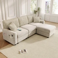 Sofá moderno com pufe, função de carregamento com duas portas, incl. 2 almofadas quadradas, almofadas de assento removíveis, 223x146x84 cm, Bege(m-4)