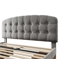 Cama de casal 140x200 estofada com estrado de ripas, cabeceira curva regulável em 3 alturas, sem colchão, 207x151x120 cm, Cinzento(m-11)