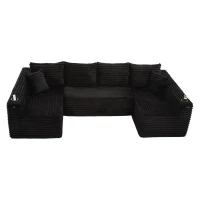 Divano a U in velluto a coste con portabicchieri integrato e tasca laterale, imbottitura a molle, 320x155x88 cm, Nero(m-2)