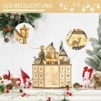 HOMCOM kerst adventskalender met 24 lades kerstkalender met LED verlichting adventskalender box MDF plaat naturel hout 25 x 20 x 29 cm(m-4)