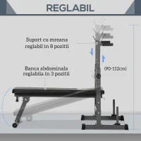 HOMCOM Bancă pentru Greutăți Pliabilă cu 8 Înălțimi Reglabile și Suport pentru Halteră din Oțel și PU, 140x73x98-122 cm, Gri(m-5)