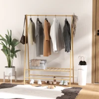 HOMCOM Bamboe Kledingrek met Schoenenrek en Haken, Vrijstaand, voor Entree, Slaapkamer, Natuurlijk Hout(m-6)