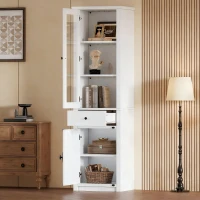 Vitrine alta com iluminação LED, grande espaço de arrumação com 3 prateleiras de vidro, 1 gaveta e 2 portas, 55x40x200 cm, Branco(m-4)