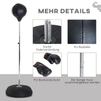 HOMCOM Boksset met Punchbal, Verstelbaar in Hoogte, Incl. Bokshandschoenen, 126-144cm, Zwart(m-7)