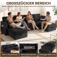 HOMCOM Ecksofa 4-Sitzer U-Form Sofa mit Stauraum-Ottomane, 306 cm Eckcouch mit Cord-Optik, 4 Kissen, für Wohnzimmer(m-4)