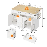 Ilha de cozinha móvel com tampo rebatível, gavetas verticais de 2 níveis, rodízios bloqueáveis 360°, 120x70x92 cm, Branco(m-3)