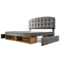 Cama estofada cama de casal 140x190 cm, ajustável em 3 alturas, cabeceira curva, sem colchão, 197x151x120 cm, Cinzento(m-7)