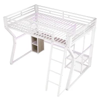 Letto a soppalco per materasso 90x200 cm con scomparti portaoggetti e spazio inferiore LED aperto, 204x181.5x180 cm, Bianco(m-7)