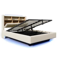 Cama estofada 140 × 200 cm, iluminação LED, design flutuante, sem colchão, 217x141x110 cm, Bege(m-8)