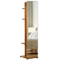HOMCOM Oglindă de Podea cu Suport pentru Haine, Rafturi și Roți, MDF și Lemn de Pin, 40 x 44,5 x 170 cm, Nuanță de Nuc(m-11)