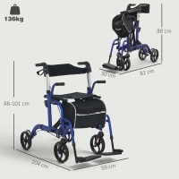 HOMCOM 2 in 1 Wheelchair Transport Chair & Folding Rollator Walker with Seat, Backrest, Footrest, Lightweight Walking Frame with Bag, Adjustable Height, 4 Wheeled Walker for Seniors, Pearl Blue(m-3)