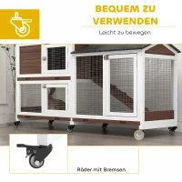 PawHut Kleindierhok met wielen, dwergkonijnenhok, ren, bitumendak, kleindierhuis, dwergkonijnenren, hout, staal, bruin(m-5)