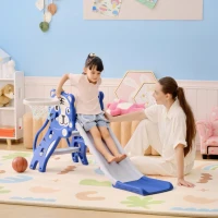 AIYAPLAY 3-in-1 kinderglijbaan met klimrek en basketbalring, cartoonontwerp voor kinderen van 18-36 maanden, blauw(m-8)