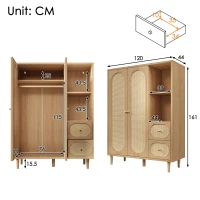 Guarda-roupa estilo rústico, 2 portas, 2 gavetas & prateleiras abertas para muito espaço de arrumação, 120x44x161 cm, Cor natural(m-3)