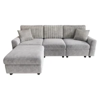 Divano moderno con pouf poggiapiedi, ricarica laterale doppia e 2 cuscini quadrati, 223x146x84 cm, Grigio(m-2)