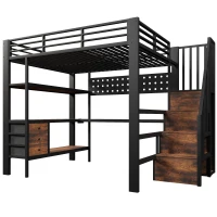 Cama alta 140 x 200 cm, prateleira integrada e 3 gavetas, sem colchão, 251x146x170 cm, Preto(m-8)
