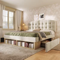 Cama estofada cama de casal 140x190 cm, ajustável em 3 alturas, cabeceira curva, sem colchão, 197x151x120 cm, Bege(m-6)