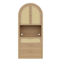 Vitrine moderna curvada, portas em rattan e fixação anti-tombamento, 80x35x180 cm, Cor natural(m-1)