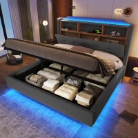Cama estofada 140 × 200 cm, iluminação LED, design flutuante, sem colchão, 217x141x110 cm, Cinzento(m-5)