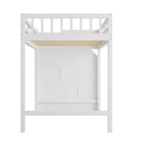 Cama alta 90x200cm con somier de lamas, barandilla de seguridad perimetral con espacio de almacenamiento integrado, sin colchón, 256x98,5x147 cm, Blanco(m-10)