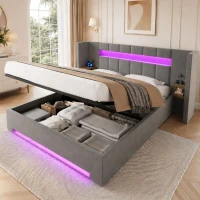 Struttura letto in velluto con striscia LED e comodini integrati, 225x212x103 cm, Grigio Scuro(m-4)