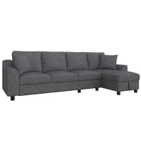 Divano angolare moderno in ciniglia con cuscini, schienale reclinabile e portabicchieri, 280x136x82 cm, Grigio(m-6)