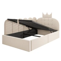 Cama de día tapizada 90x200 cm con arcón hidráulico, forma en L reversible, sin colchón, montaje fácil, 209x96x96 cm, Beige(m-7)