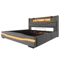 Cama estofada 180×200 cm, cama com arrumação hidráulica, sem colchão, 219x186,5x110 cm, Cinzento(m-6)