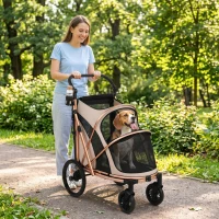 PawHut Carrito para Perros Plegable hasta 20 kg con Ruedas Grandes Suspensión y Freno Ventanas de Malla Cojín Marrón Claro(m-2)