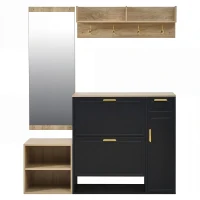 Set guardaroba 4 pezzi, set completo di mobili per ingresso con scarpiera, panca, appendiabiti da parete e specchio, 130x30x174 cm, Nero(m-2)
