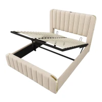 Letto matrimoniale imbottito con spazio contenitore e rivestiento effetto lino, 203x150x102 cm, Beige(m-8)
