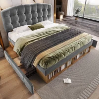 Cama de casal 140x200 estofada com estrado de ripas, cabeceira curva regulável em 3 alturas, sem colchão, 207x151x120 cm, Cinzento(m-2)