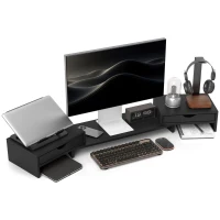 HOMCOM Monitorerhöhung für PC-Schreibtisch Monitorständer 60-116 cm mit 2 Schubladen, verstellbare Länge und Neigung(m-8)