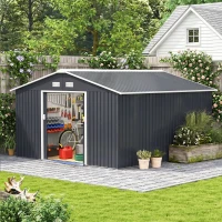 Outsunny 13 x 11ft Garden Metal Storage Shed, Outdoor Storage Tool House with Ventilation Slots, Floor Foundation and Lockable Double Doors, Grey(m-14)