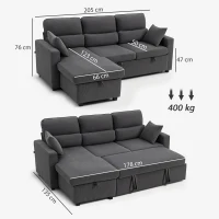 HOMCOM Verstellbares Bettsofa, L-förmiges Gästesofa mit Bettfunktion, Stauraum, Kissen, für Wohnzimmer, Gästezimmer, Dunkelgrau(m-3)