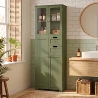 HOMCOM Mueble alto de almacenamiento, armario con puertas vitradas y estantes ajustables para baño, cocina, salón, verde(m-10)