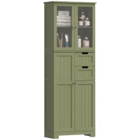 HOMCOM Mueble alto de almacenamiento, armario con puertas vitradas y estantes ajustables para baño, cocina, salón, verde(m-11)
