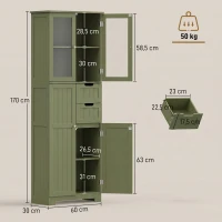 HOMCOM Mueble alto de almacenamiento, armario con puertas vitradas y estantes ajustables para baño, cocina, salón, verde(m-3)